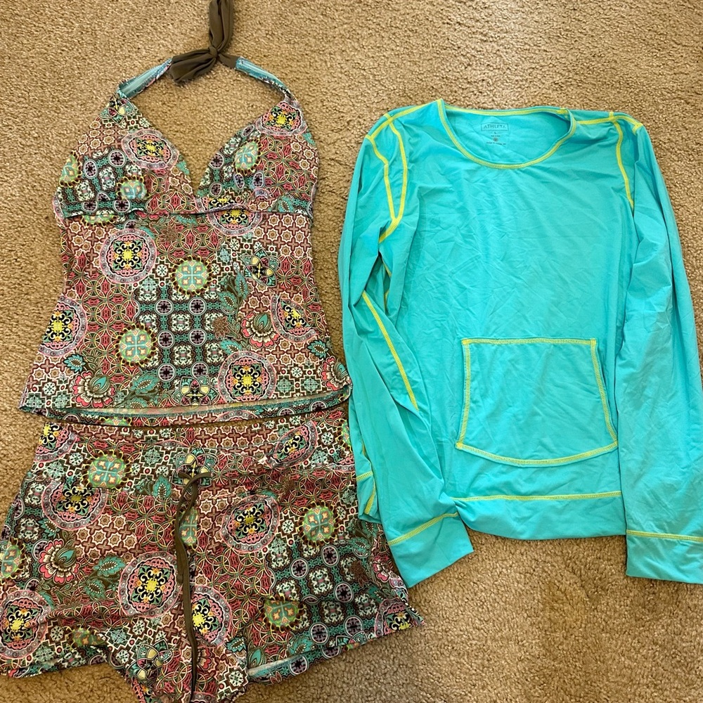 Athleta swim tankini & swim bottom set with rashguard.